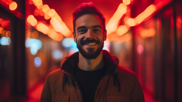 A man stands in front of a red neon light.