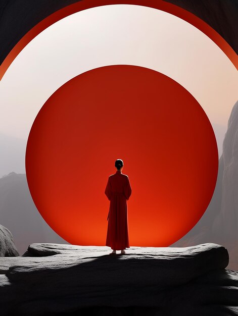 a man stands in front of a red and orange sun.