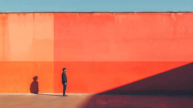 a man stands in front of a red wall that has a shadow on it