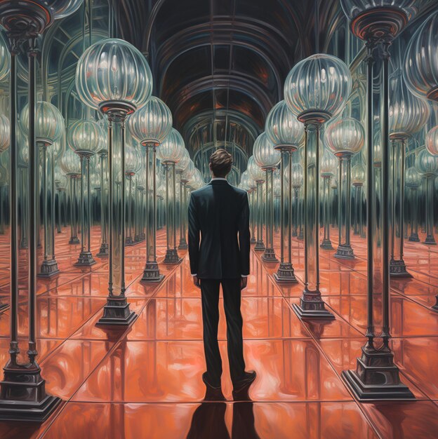 a man stands in front of a row of lights.