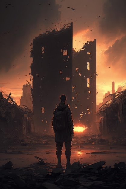 A man stands in front of a ruined building with the sun shining on itgenerated ai