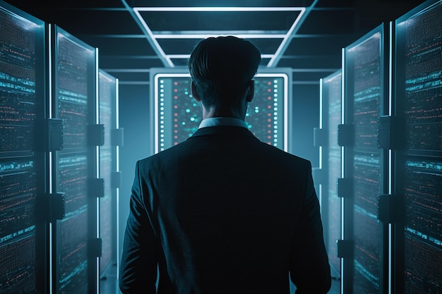 A man stands in front of a server room.