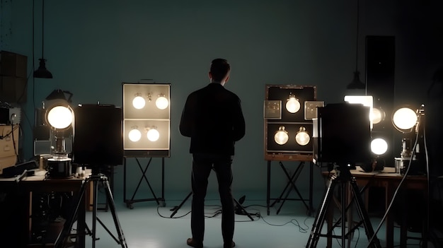 A man stands in front of a set of light bulbs.