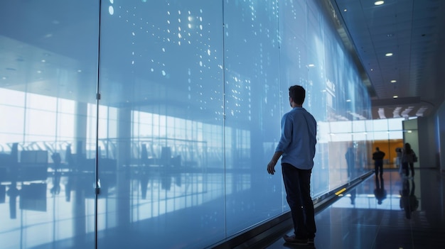 A man stands in front of a smart glass partition his hand resting on the surface as he remotely