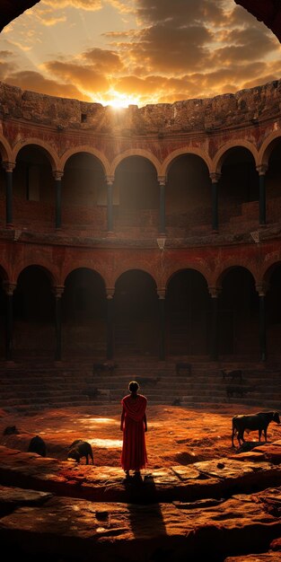 a man stands in front of a stage with a light shining on it