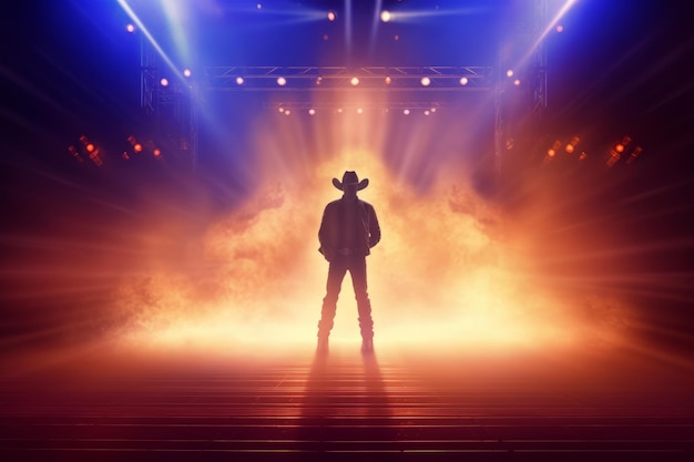 A man stands in front of a stage with a smokey background.