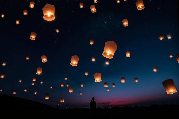 A man stands in front of a starry sky with a lantern floating above it.