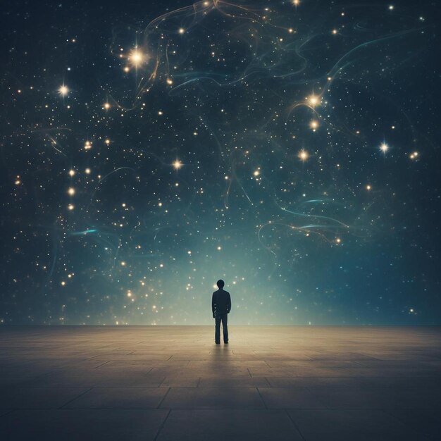 a man stands in front of a starry sky with the text " the word " on it.