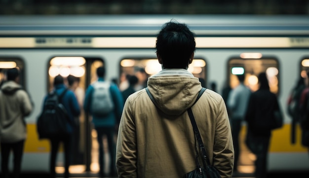 A man stands in front of a subway train with the word subway on the front.