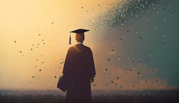 A man stands in front of a sunset and looks up at a graduation cap.