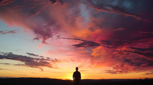 A man stands in front of a sunset with clouds in the background.