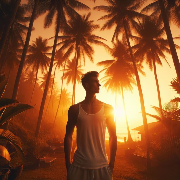 a man stands in front of a sunset with palm trees in the background