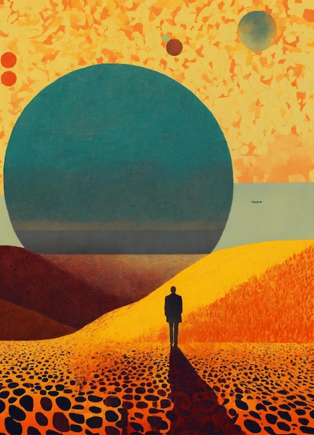 a man stands in front of a sunset and a woman in a field