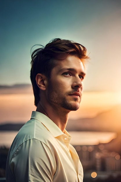 A man stands in front of a sunset.