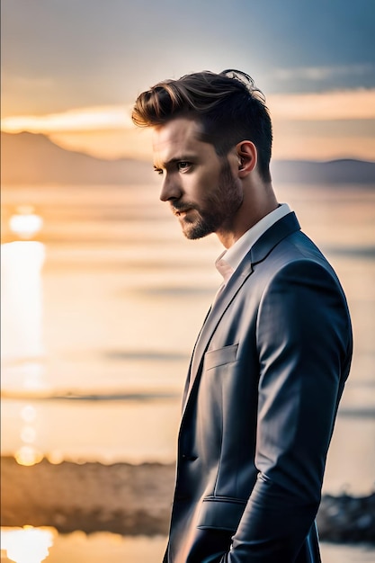 A man stands in front of a sunset.