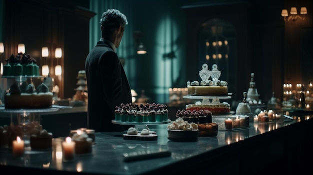 A man stands in front of a table full of cakes and cakes.