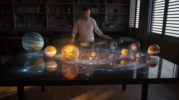 A man stands in front of a table with planets on it.