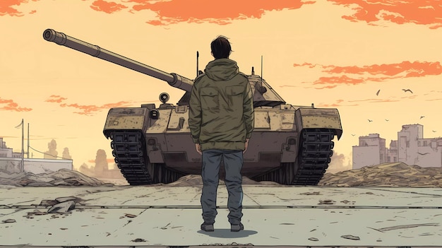 A man stands in front of a tank that says'the last word'on it