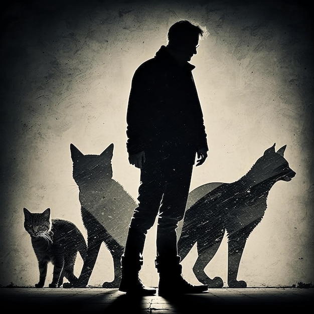 A man stands in front of three cats.