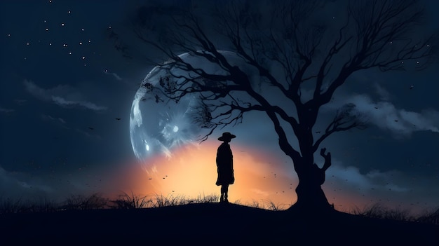 A man stands in front of a tree with the moon in the background.