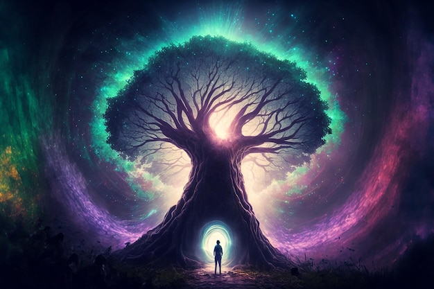 A man stands in front of a tree with the words'the tree of life'on it