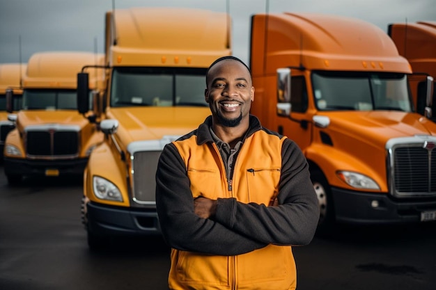 Photo a man stands in front of a truck with his arms crossed