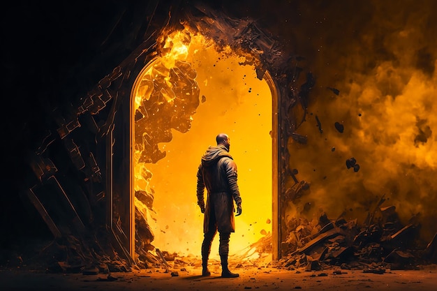 A man stands in front of a tunnel that has a fireball on it.