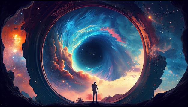 A man stands in front of a tunnel that says'the universe'on it