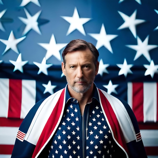 A man stands in front of a the united states flag