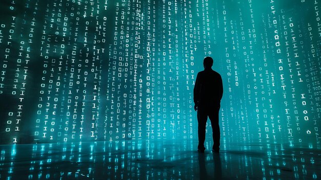 a man stands in front of a virtual screen with a binary code data verification devic generative ai