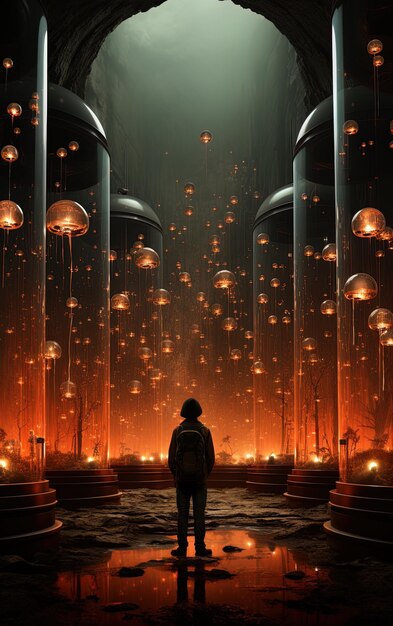 Photo a man stands in front of a wall of lights