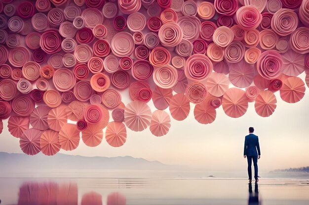 a man stands in front of a wall of pink umbrellas.