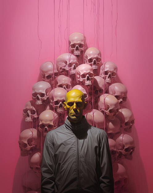 a man stands in front of a wall of skulls with blood on it