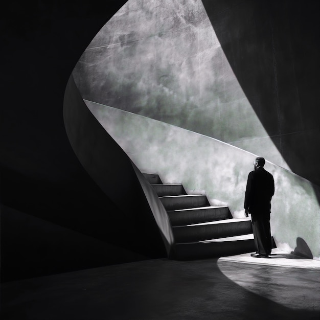 a man stands in front of a wall that has a staircase that says  the word  on it