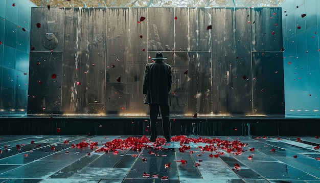 A man stands in front of a wall with a large number of flowers