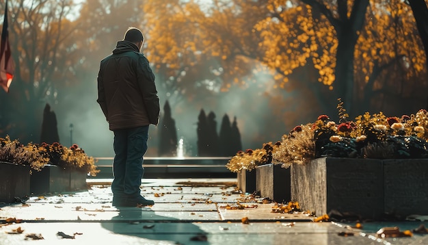 A man stands in front of a wall with a large number of flowers