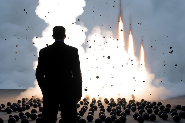 A man stands in front of a wall with a smoke bomb and a smoke bomb in the background.