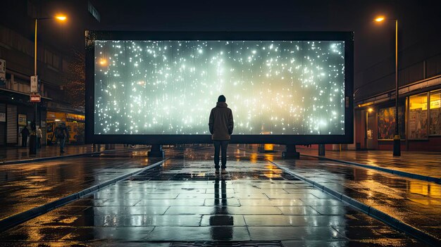 Photo a man stands in front of a wall with the words 