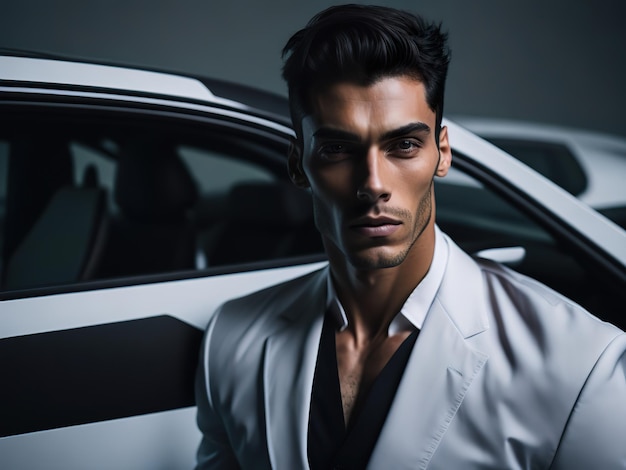 A man stands in front of a white car.