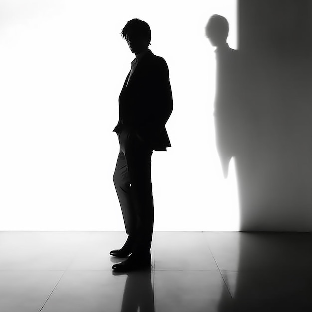 a man stands in front of a white wall and a shadow of a man.