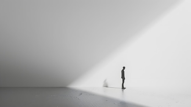 a man stands in front of a white wall and a shadow of a man