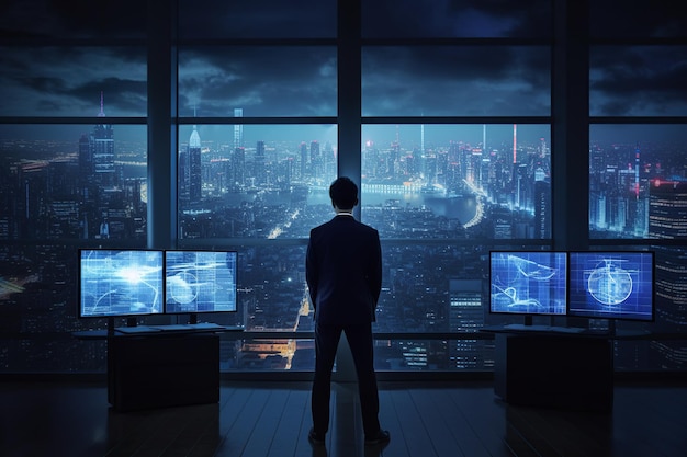 A man stands in front of a window looking at a cityscape.