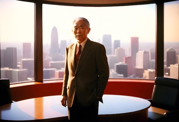 a man stands in front of a window looking out at the city