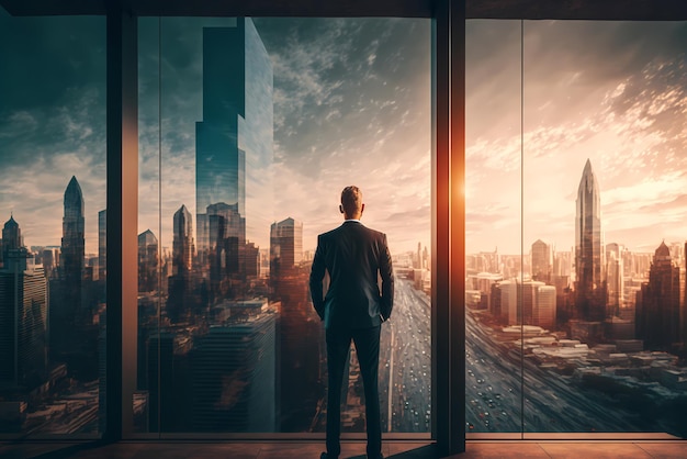 Photo a man stands in front of a window looking out at a cityscape.