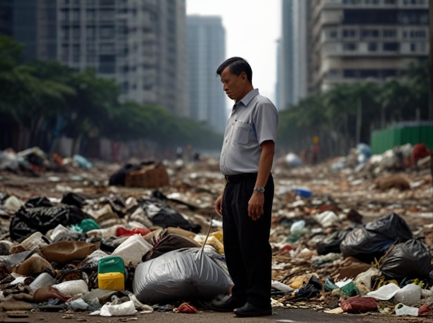 한 남자가 쓰레기통에 서서 쓰레기를 쳐다보고 있다.