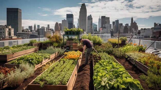 Foto un uomo in piedi in un giardino con uno skyline della città sullo sfondo