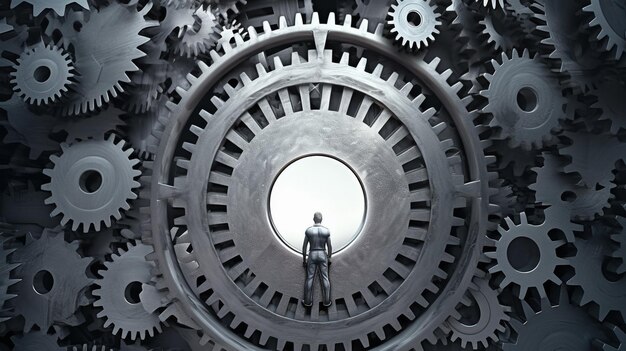 A man stands in a gear wheel with gears on it.