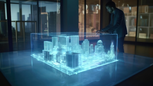 A man stands next to a glass display of a city.