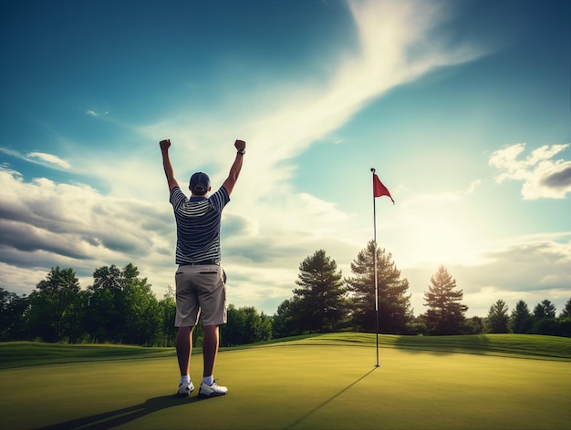 a man stands on a golf course and raises his arms in the air