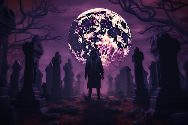 a man stands in a graveyard with a spooky moon in the background halloween